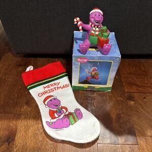 Barney and Friends Christmas 7” Stocking Hanger 1999 Kurt S. Adler + Stocking